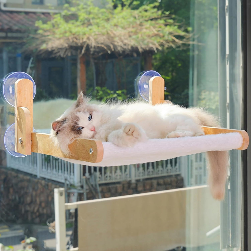 Cat Window Perch with Wooden Frame – Aloxina Foldable Cat Hammock Bed for Indoor Cats, Soft Rabbit Fur Cover