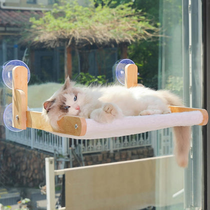 Cat Window Perch with Wooden Frame – Aloxina Foldable Cat Hammock Bed for Indoor Cats, Soft Rabbit Fur Cover