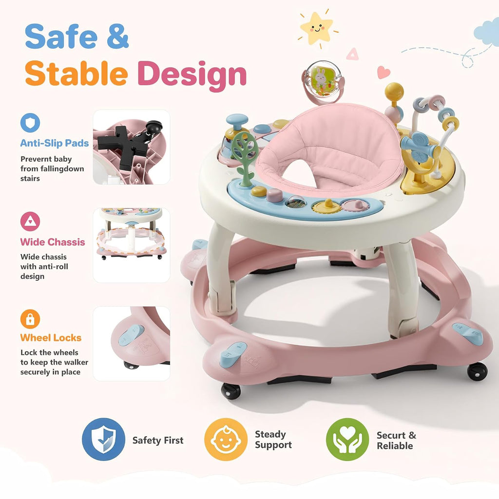Baby Walker with Wheels, Foldable Baby Walker for Baby 6-12 Months, 3-Position Rotating Seat with Interactive