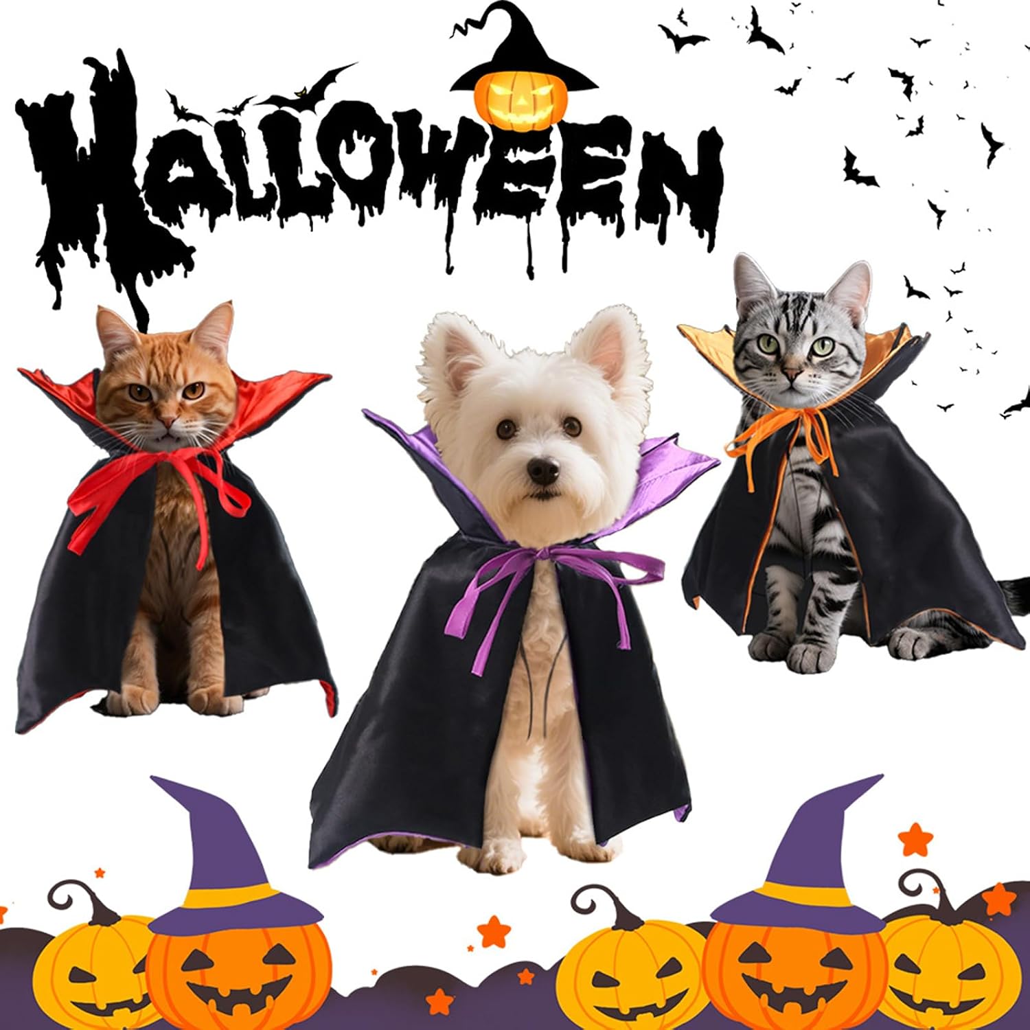 Cat Cape Vampire Cloak Halloween Dog Costume Pet Cosplay Apparel Outfit Decor Accessories for Puppy Kitten, Black and