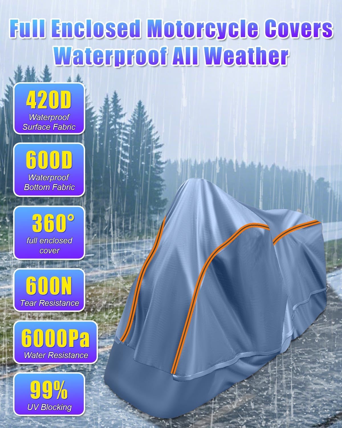 Full Enclosed Motorcycle Cover Waterproof Outdoor Length up to 108"