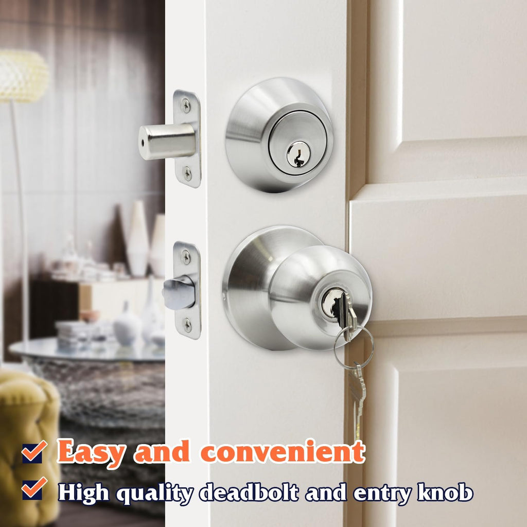 Entry Door Knob and Single Cylinder Deadbolt Combo,Keyed Alike Combination Sets Door Locksets, Satin Nickel Front