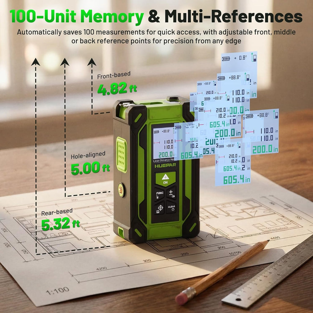 Digital Laser Tape Measure 4-in-1, HUEPAR ±1/16" Laser Measure with Dual HD Display, 200Ft Rechargeable Laser