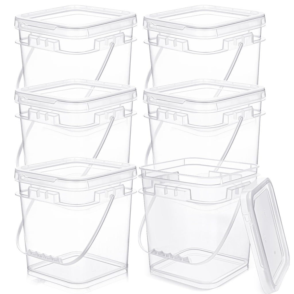 6 Pcs Clear Square Buckets with Lid Handle Food Grade, 1.5 Gallon