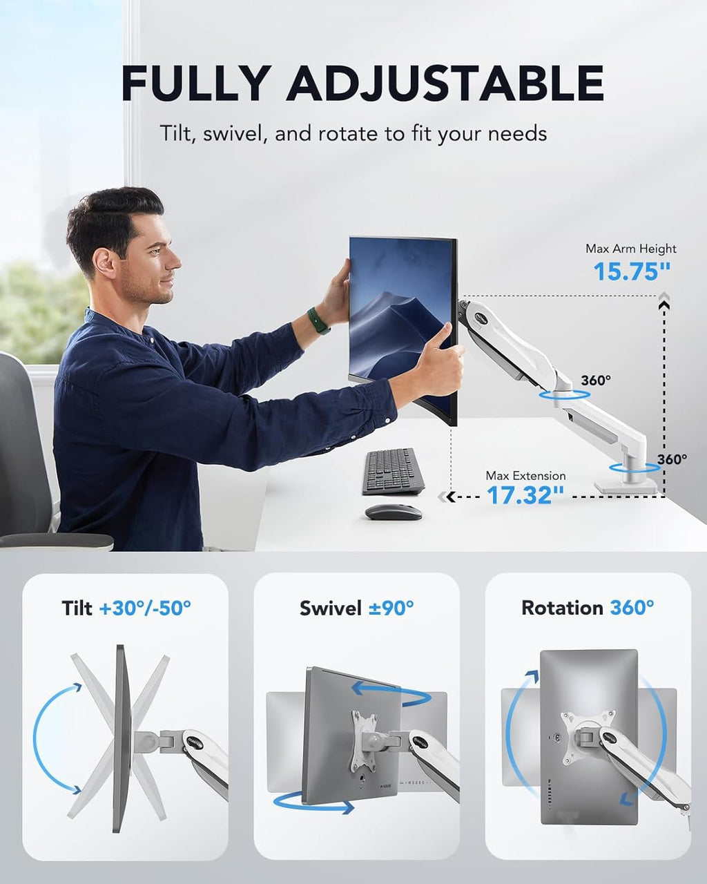 Single Monitor Mount, 13 to 32 Inch Gas Spring Monitor Arm, Adjustable Stand, Vesa Mount with Clamp and Grommet Base