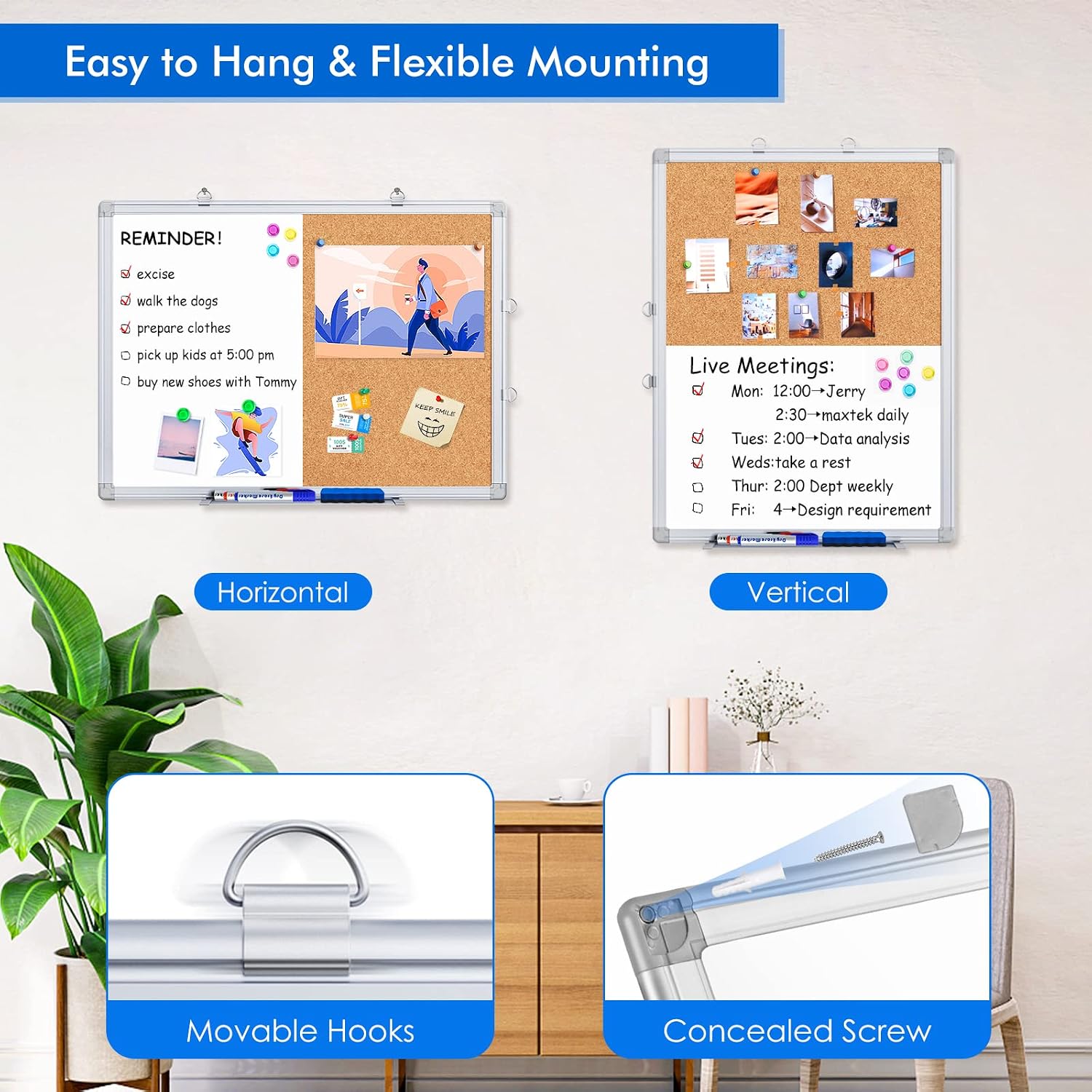Magnetic White Board and Cork Board Combo, 24 X 18 inches Whiteboard Bulletin Combination Board, Wall Mounted Dry