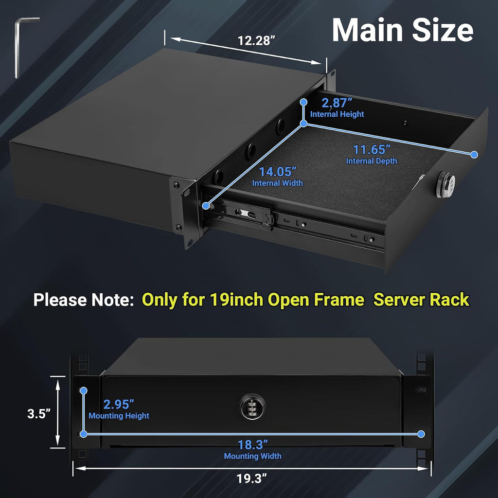 2U Rack Mount Drawer, Server Rack Drawer w/Combination Lock