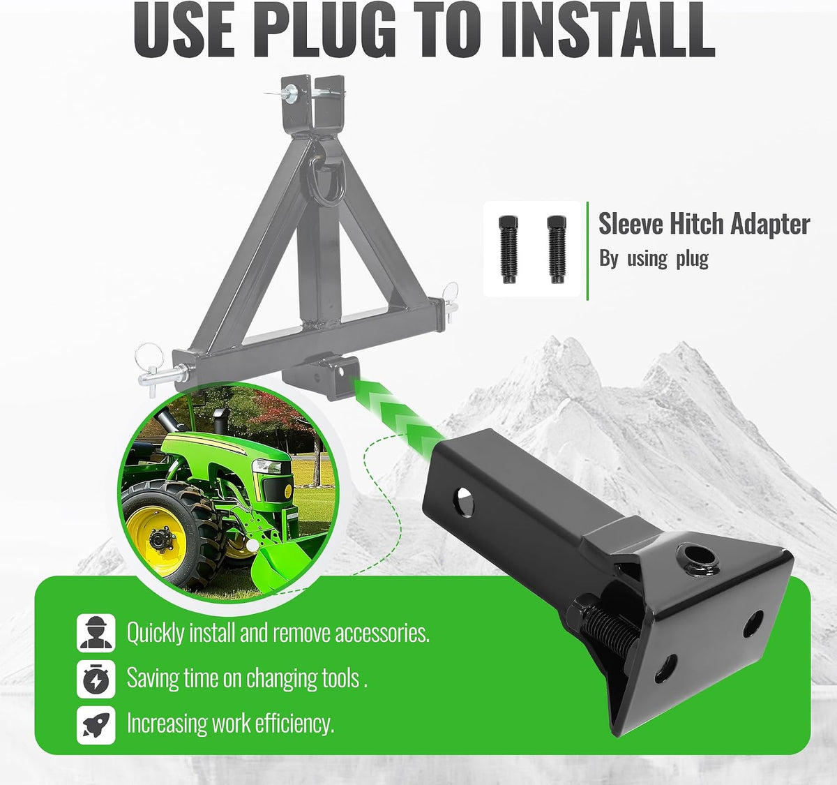 Sleeve Hitch Adapter for 2" Receiver Compatible with 3-Point Hitch Sub-Compact Tractor Steel Lawn Garden Farm Tractor