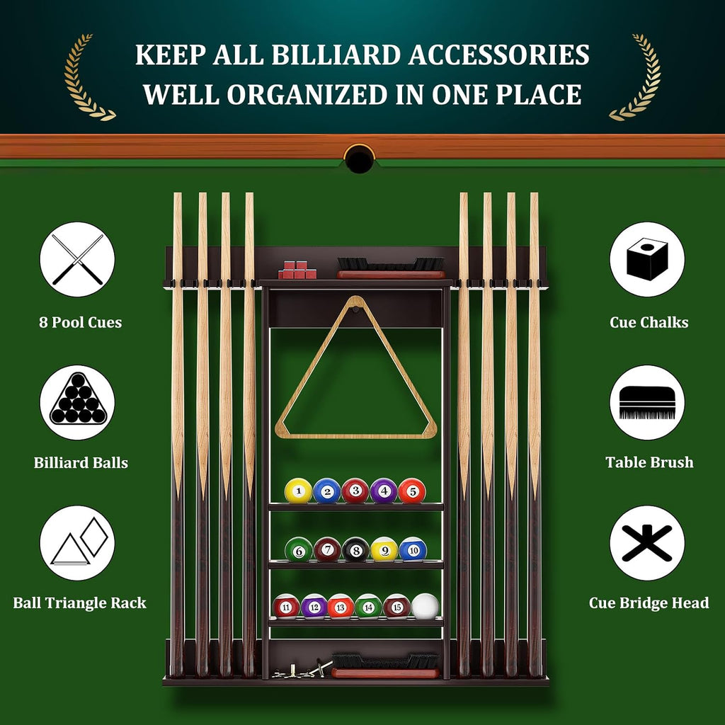 Bamboo Pool Cue Rack Wall Mounted, Billiards Sticks Holder for 8 Cues | Organizes Full Set of Balls and Pool Table