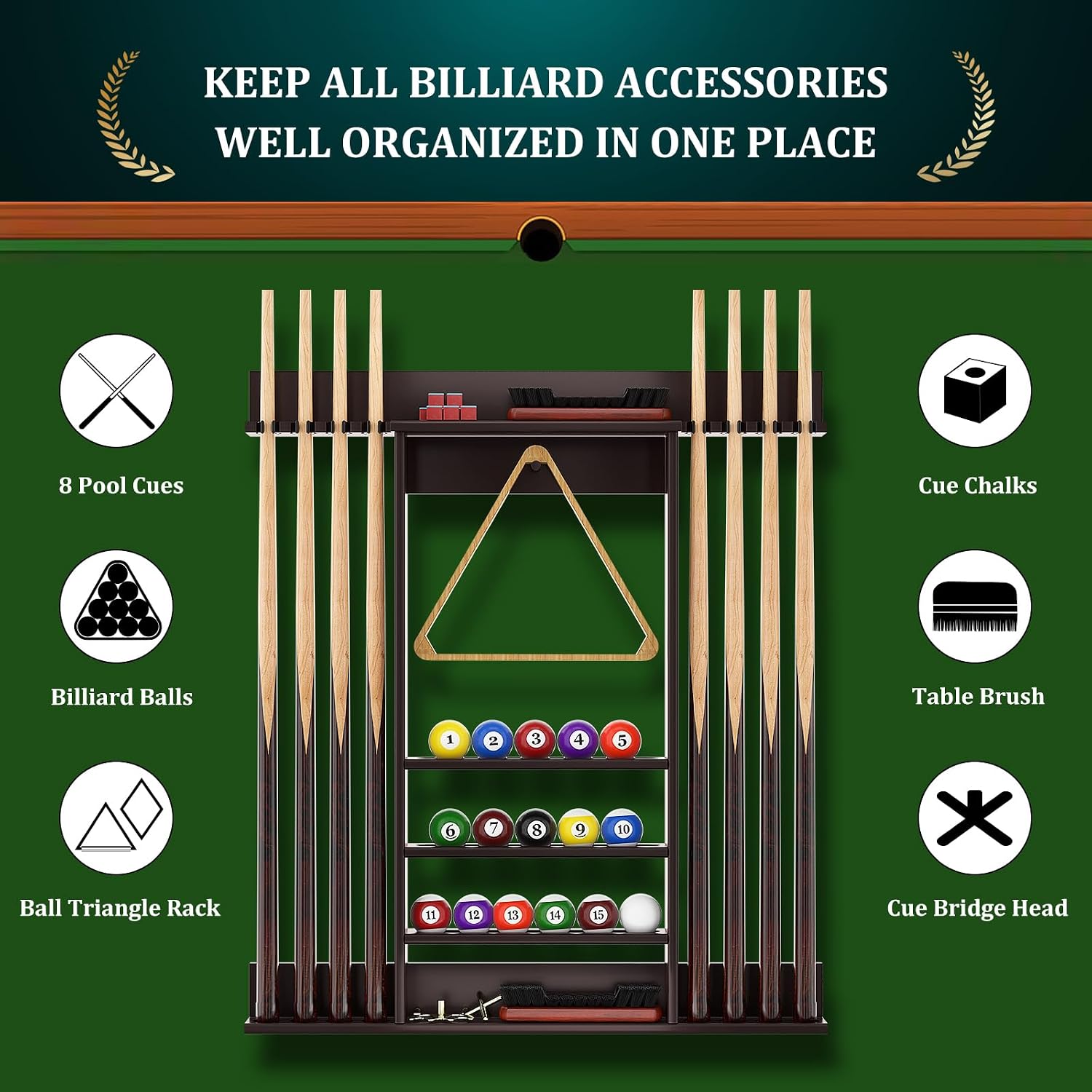 Bamboo Pool Cue Rack Wall Mounted, Billiards Sticks Holder for 8 Cues | Organizes Full Set of Balls and Pool Table