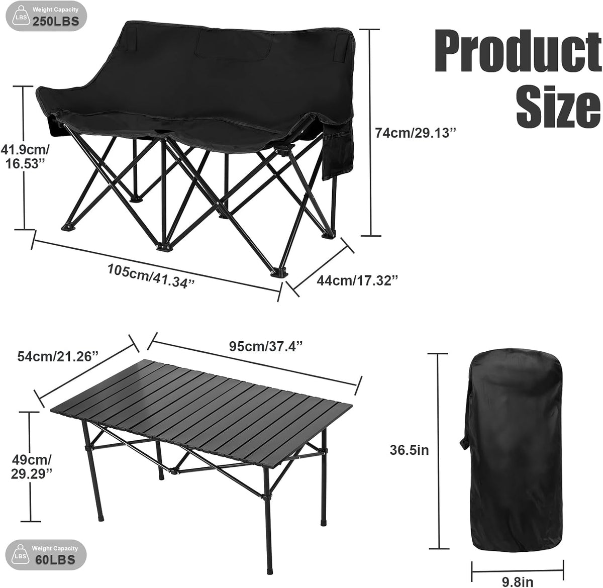 4-Piece Folding Table & Chair Set - Includes 1 Table | 1 Double & 2 Single Moon Chairs, Portable Heavy Duty for