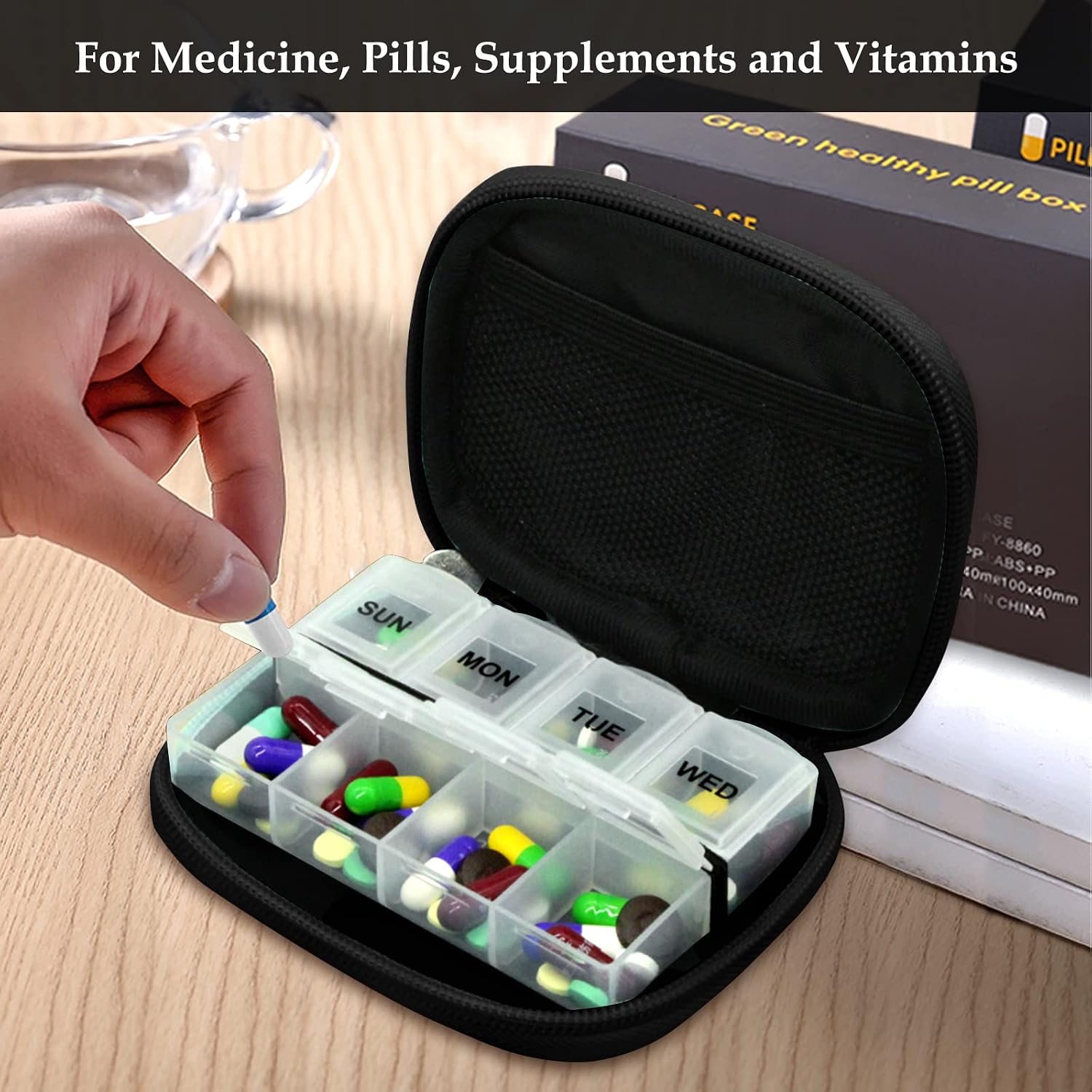 Weekly Travel Pill Organizer Pill Case for Purse with Removable 7 Day Pill Box, Fashionable Travel Medicine Organizer