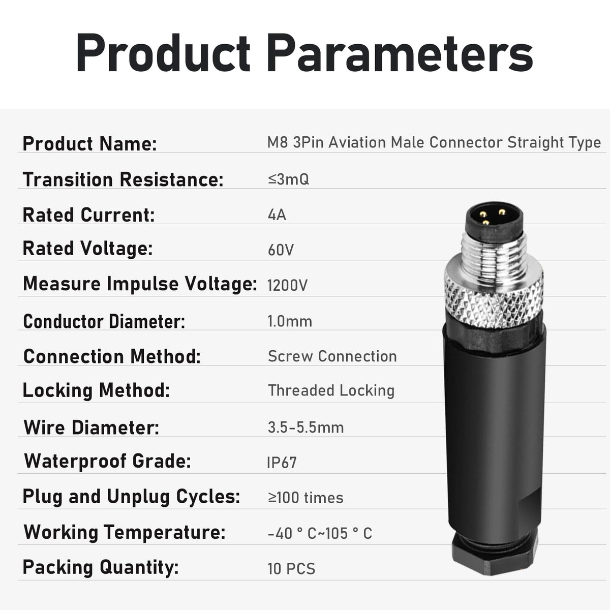 10Pcs M8 3Pin Male Industrial Aviation Connector (A-Code) Waterproof, Sensor Plug Field-Assemblable 8mm Circular Socket Panels Adapter IP67
