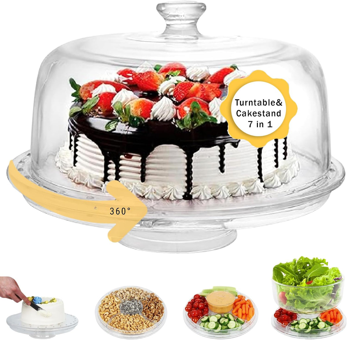 7in1 Rotating Multifunctional Acrylic Cake Stand with Lid & Cake Turntable