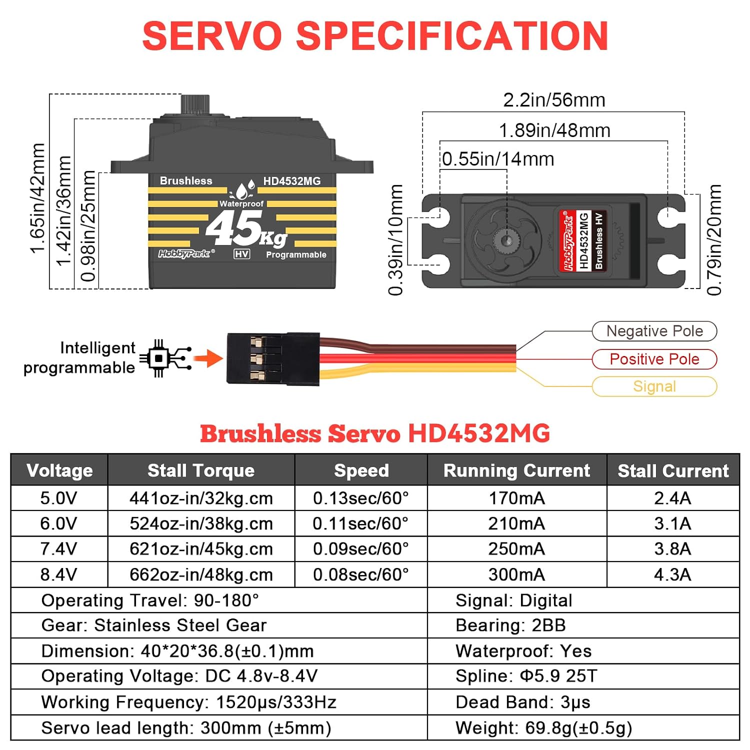 Waterproof 45KG High Torque Servo Motor 8.4V HV RC Servo Brushless Metal Gear Digital Servo with 25T Servo Horn for