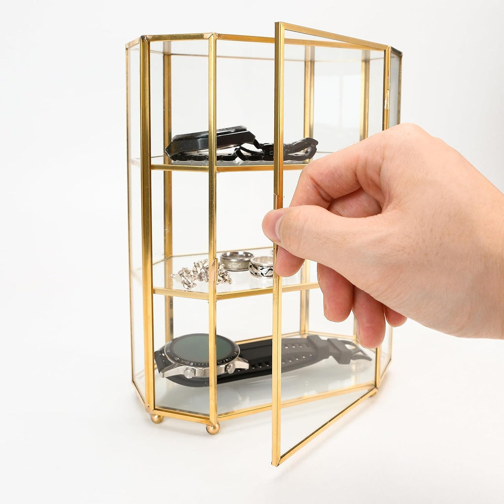 Glass Jewelry Display Case 6.7x4x8.4 inches Small Cabinet, 3-Tier Geometric Box Keepsake Trinket for Rings, Earrings