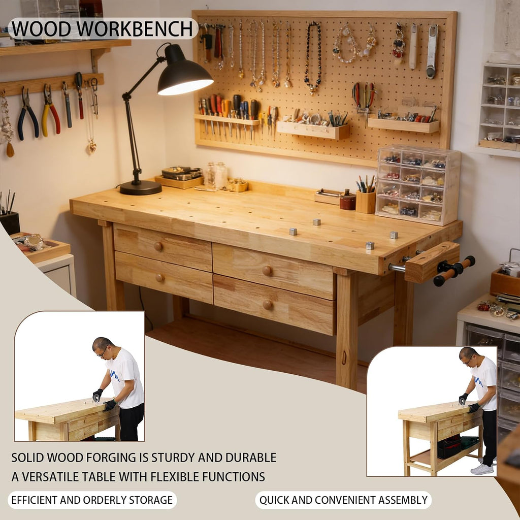 60 Inch Workbench with 4 Drawers & Storage Rack, Rubber Wood Top Work Table for Garage Workshop, Heavy Duty