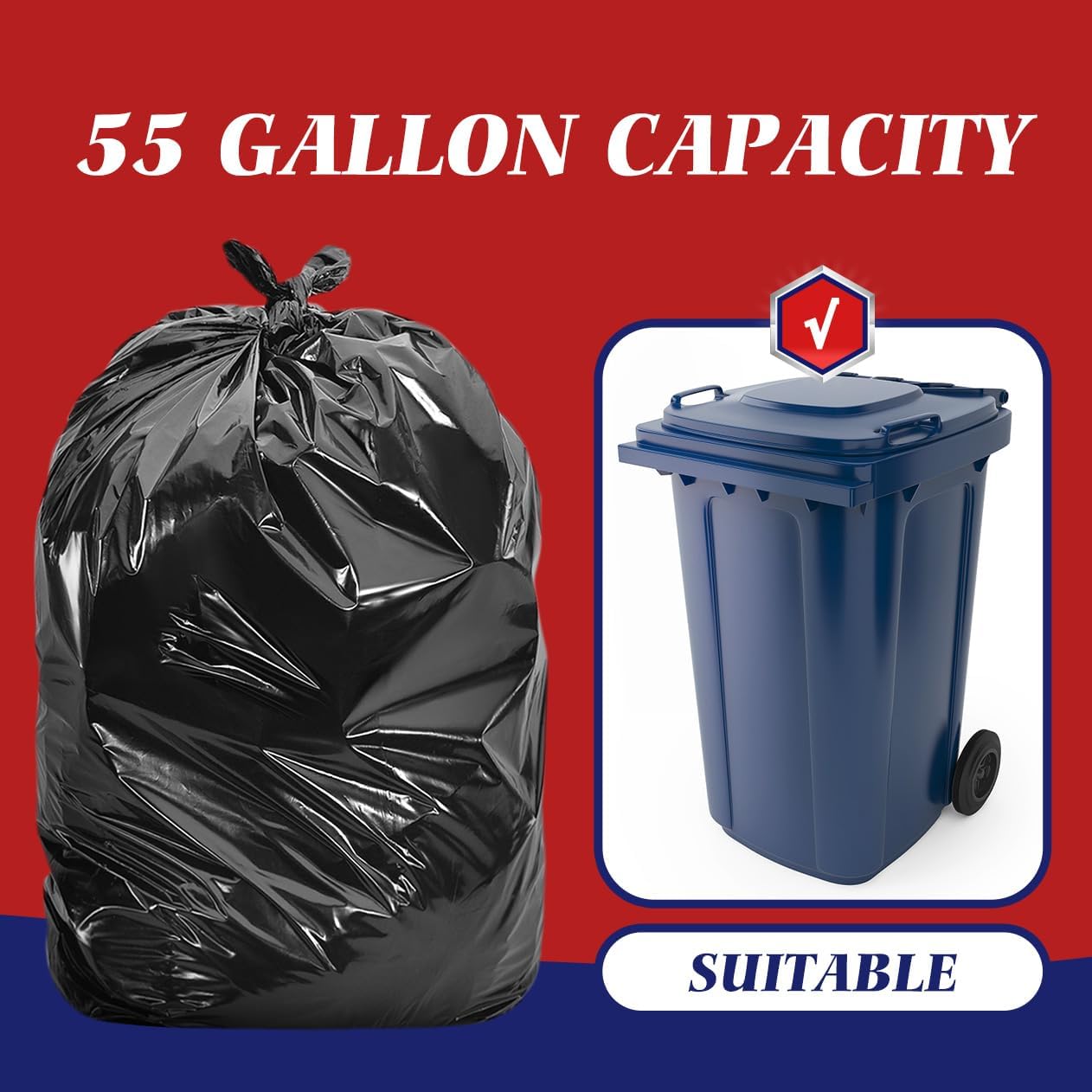 55-60 Gallon Black Trash Bags 20 Bags Extra Large Garbage Bags - 39" x 53" | Fit 45,49,50,55,60 gal Lawn And Leaf