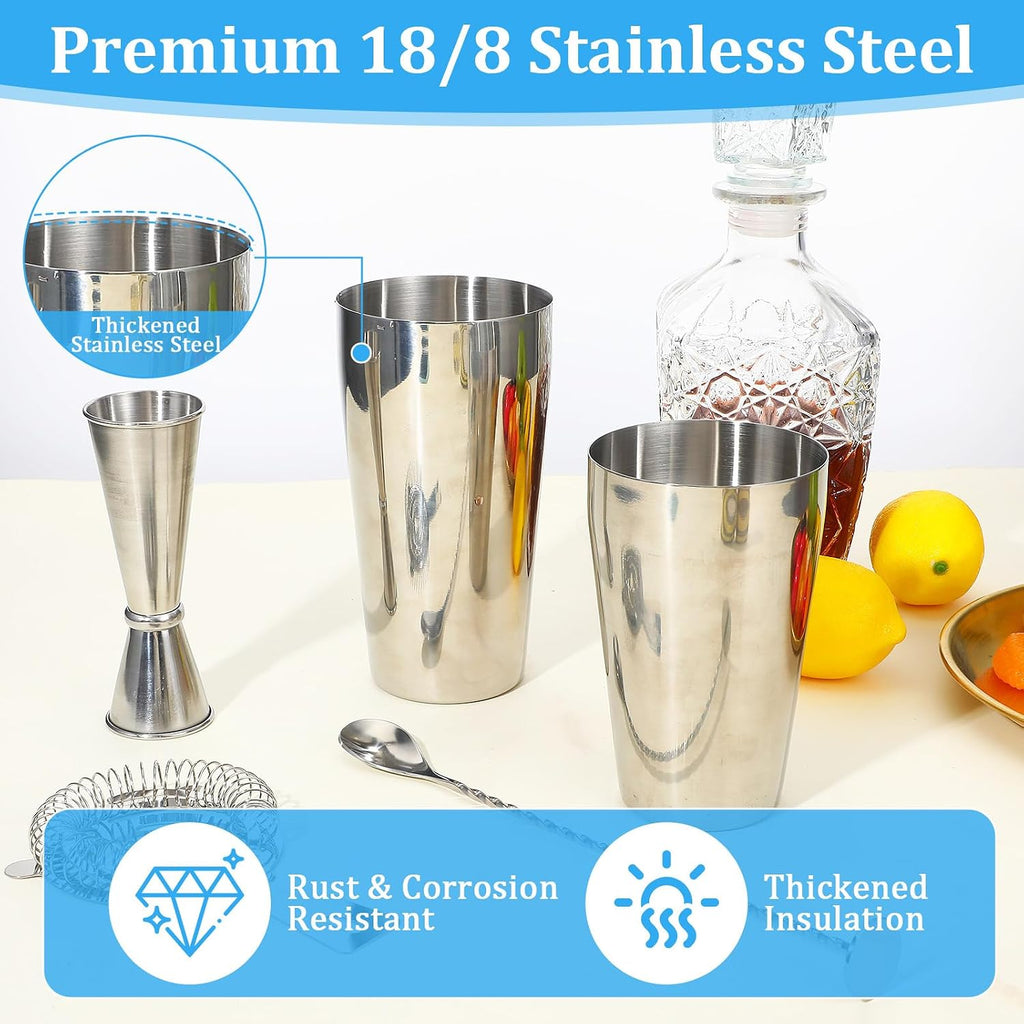 Professional Cocktail Shaker, Professional 5-Piece Bartender Kit with Boston Shaker, Hawthorne Strainer, Double