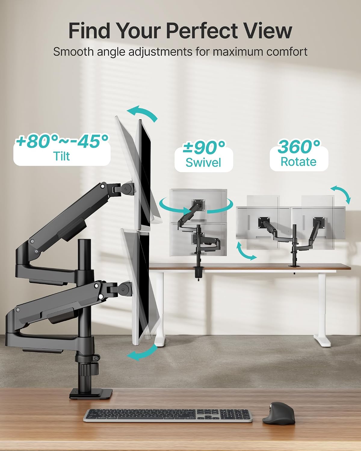 Dual Monitor Stand for 17-32 Inch Screens, Gas Spring Arms | Full Motion Mount with Cable Management, Support up to