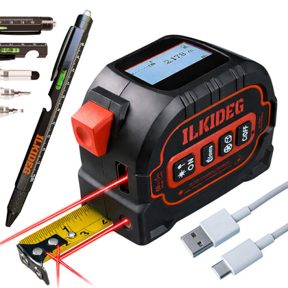 4-in-1 Digital Laser Tape Measure - Multitool Pen, 196ft Laser Measuring Tool, 16ft Measuring Tape, Crosshair Line