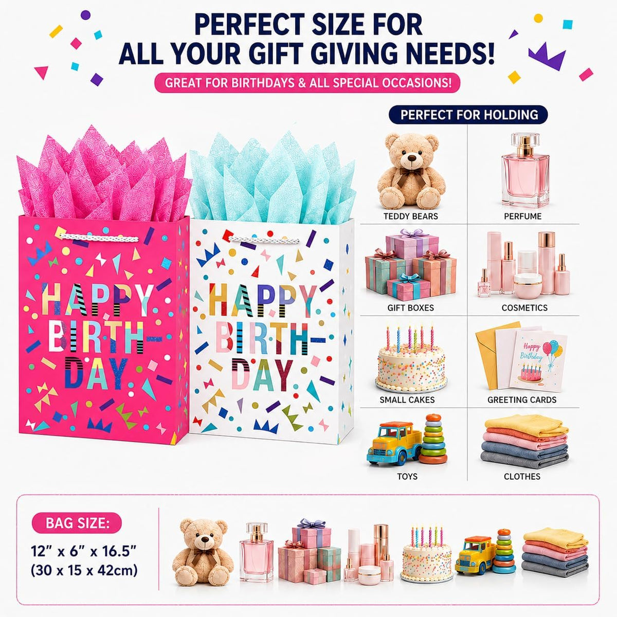 Extra Large Birthday Gift Bags, 2 Pack, 16.5 x 6 x 12 Inch
