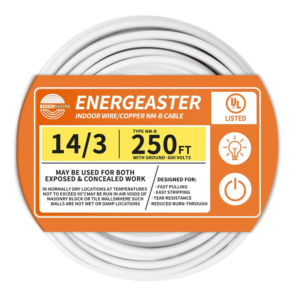 Energeaster Solid Indoor 14/3 NM-B Copper Cable with Ground 250FT, White