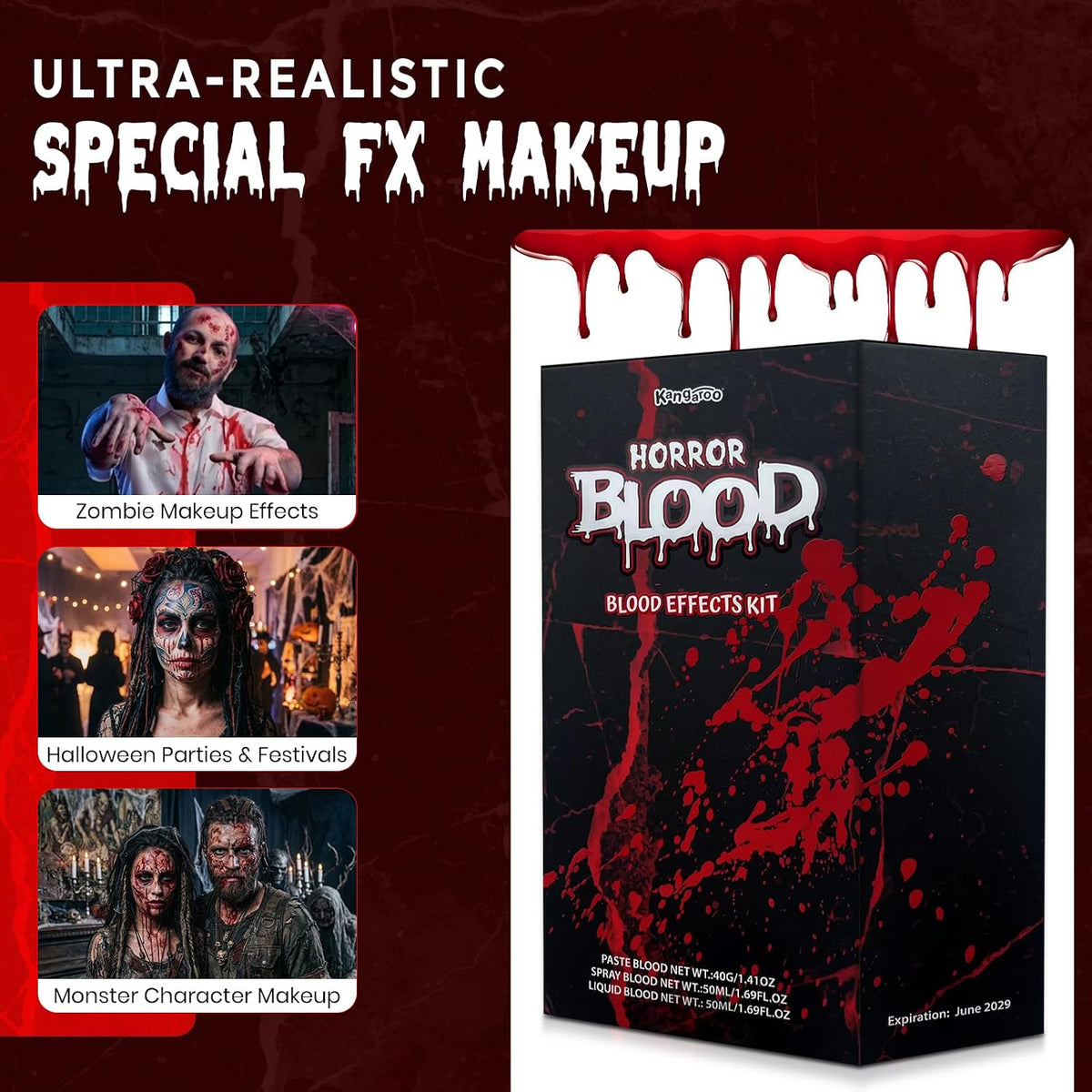 3Pcs Vampire Makeup Kit with Liquid, Paste & Spray Fake Blood