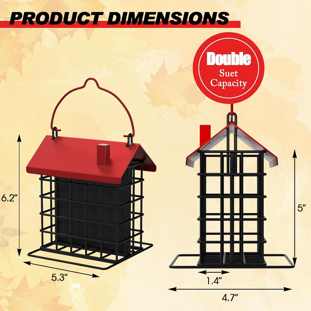 All-Metal Double Suet Bird Feeder for Outdoors Hanging, Red Roof