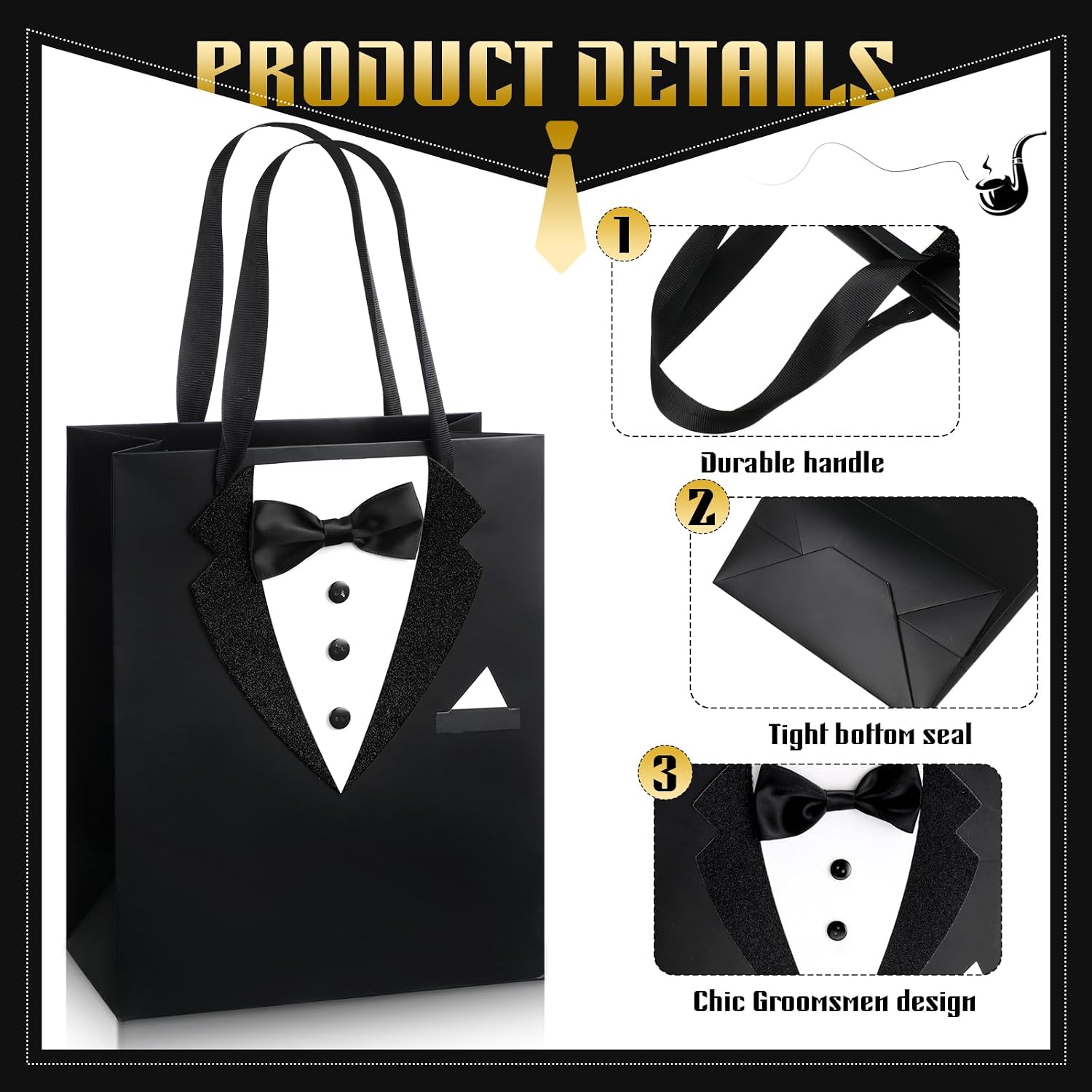 8 Pcs Groomsmen Gift Bags with 3D Tuxedo Design 8 x 4.5 x 10 Inch with Handle Groomsmen Paper Gift Bags for Wedding