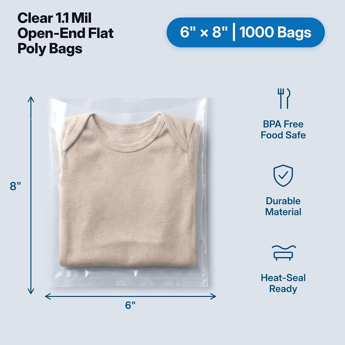 6" X 8" Open-End Flat Clear Poly Bags (1000 Count) - 1.1 Mil Plastic