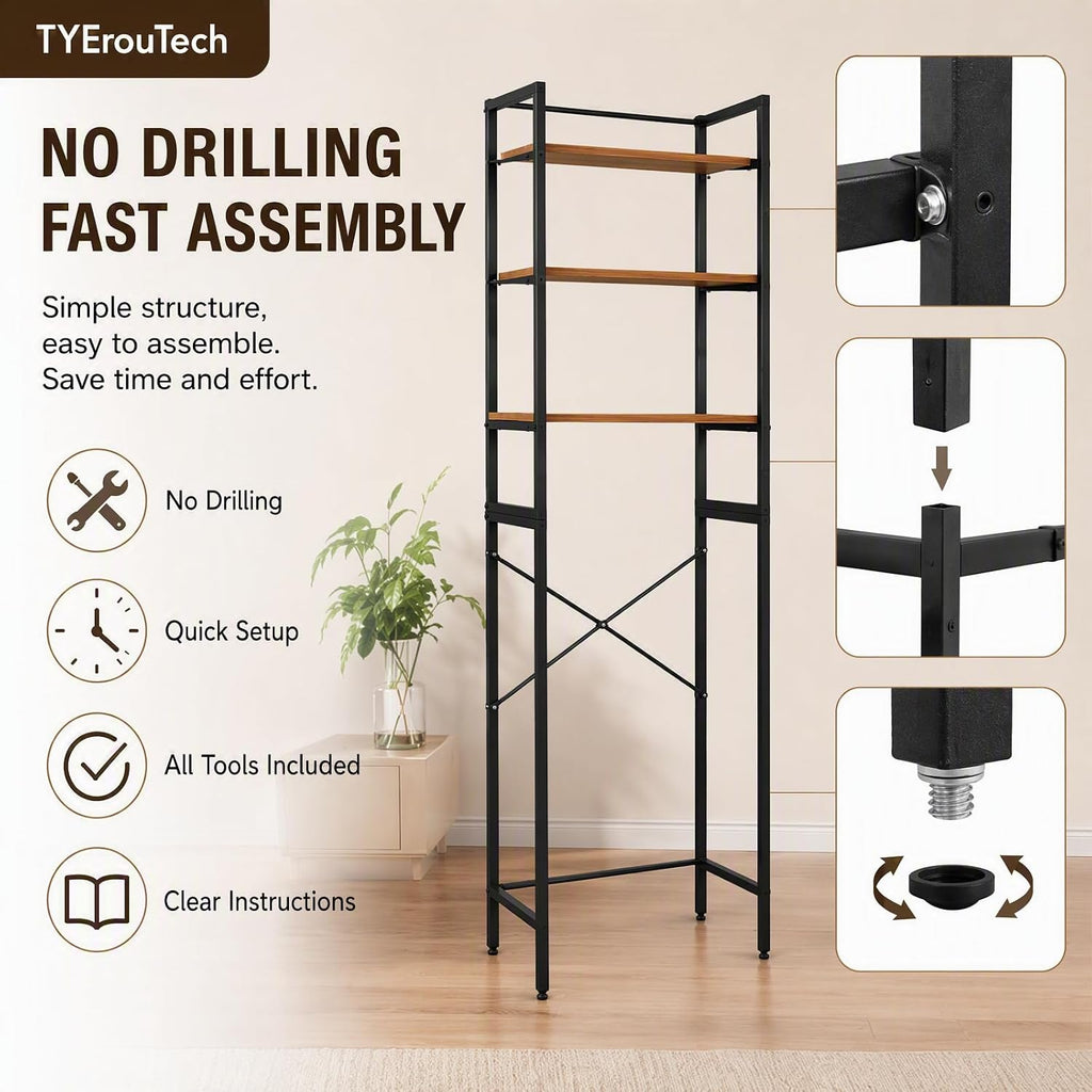 3 Tiers Over The Washer and Dryer Storage Shelf, Freestanding Bathroom Shelf Storage Rack with Adjustable Feet Wood