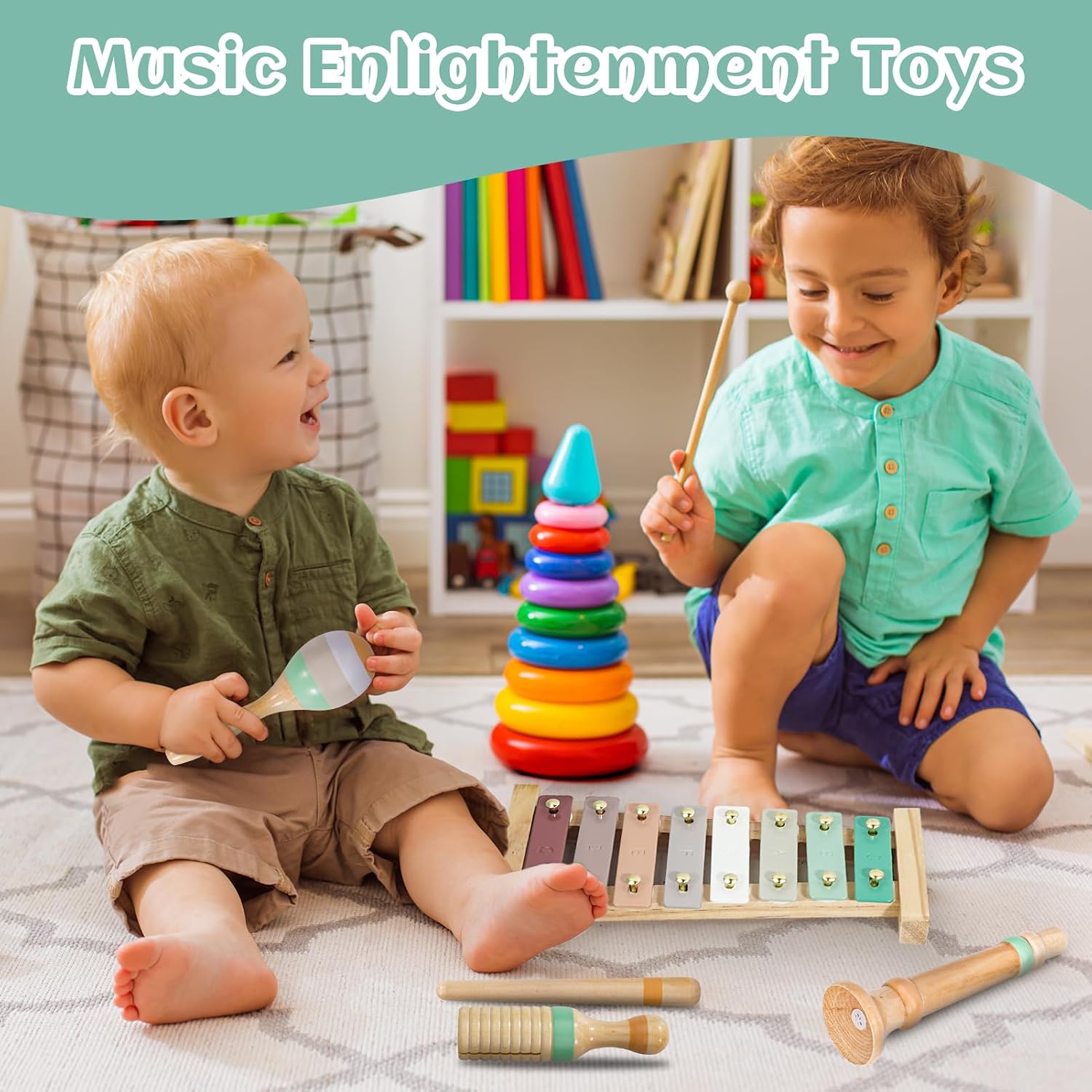 Kids Musical Instruments Set, Neutral Colors Wooden Montessori Toys | Percussion Instruments Set with Modern Boho