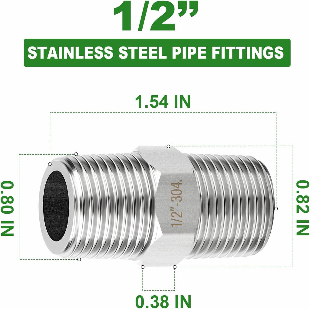 TAISHER 10PCS 304 SS New Hex Nipple,1/2" NPT Male, Pipe Adapter Fitting