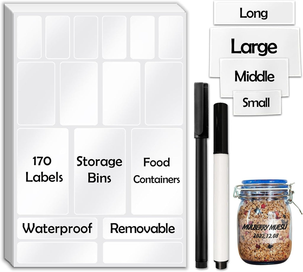 170Pcs Clear Removable Labels for Jars with 2 Liquid Chalk Marker