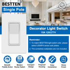 BESTTEN 10 Pack Single Pole Decorator Wall Light Switch, 15A 120/277V