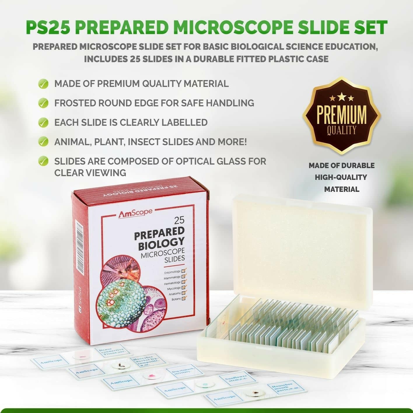 PS25P 25pc Prepared Glass Microscope Slides in Plastic Case | 25 Prepared Slides Professionally Stained & Labeled