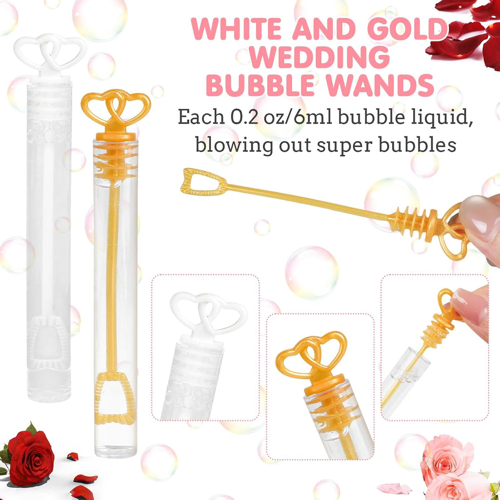40PCS Wedding Bubble Wands Bulk, Mini Heart Bubbles Party Favor White Gold Bubble Sticks for Valentine's Day
