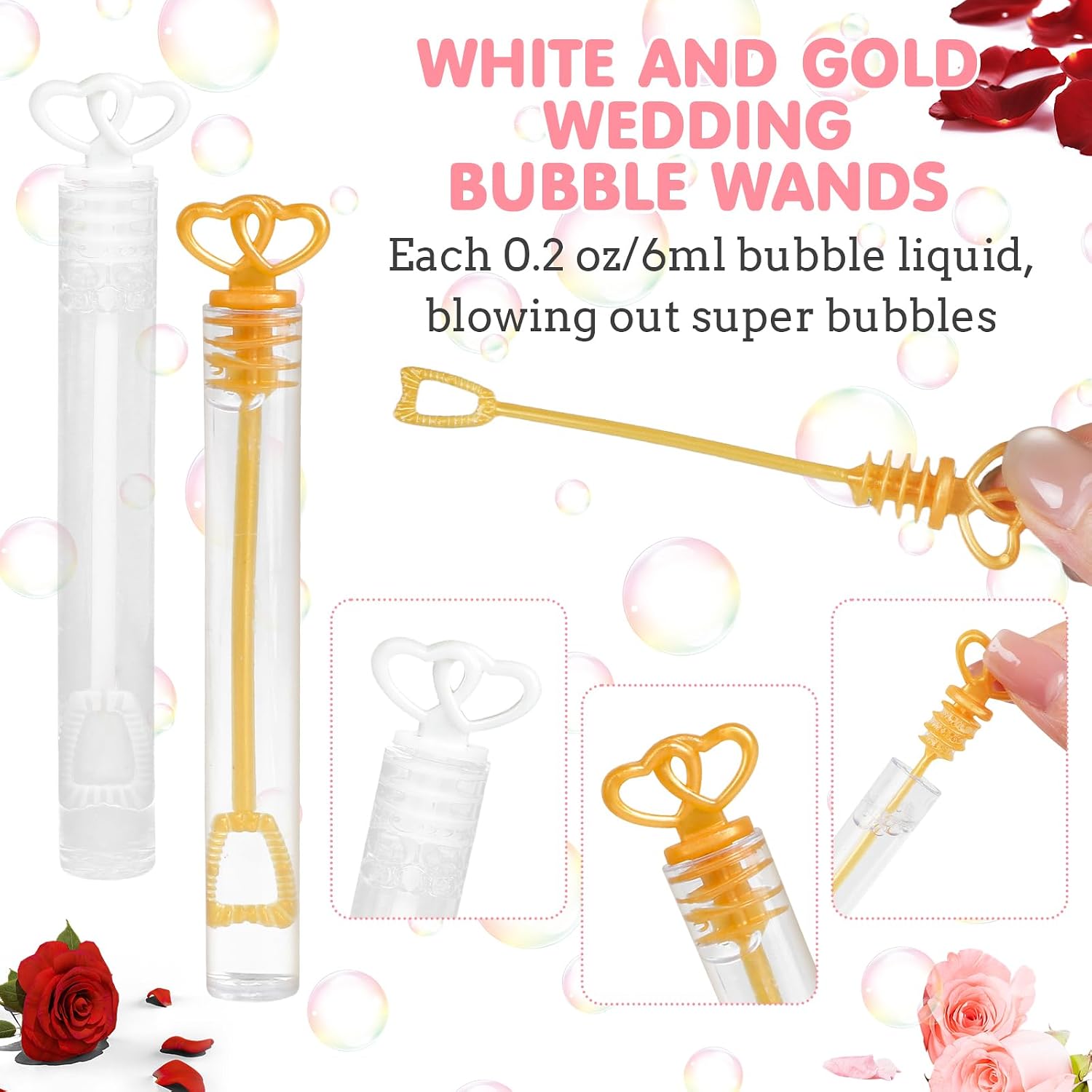 40PCS Wedding Bubble Wands Bulk, Mini Heart Bubbles Party Favor White Gold Bubble Sticks for Valentine's Day