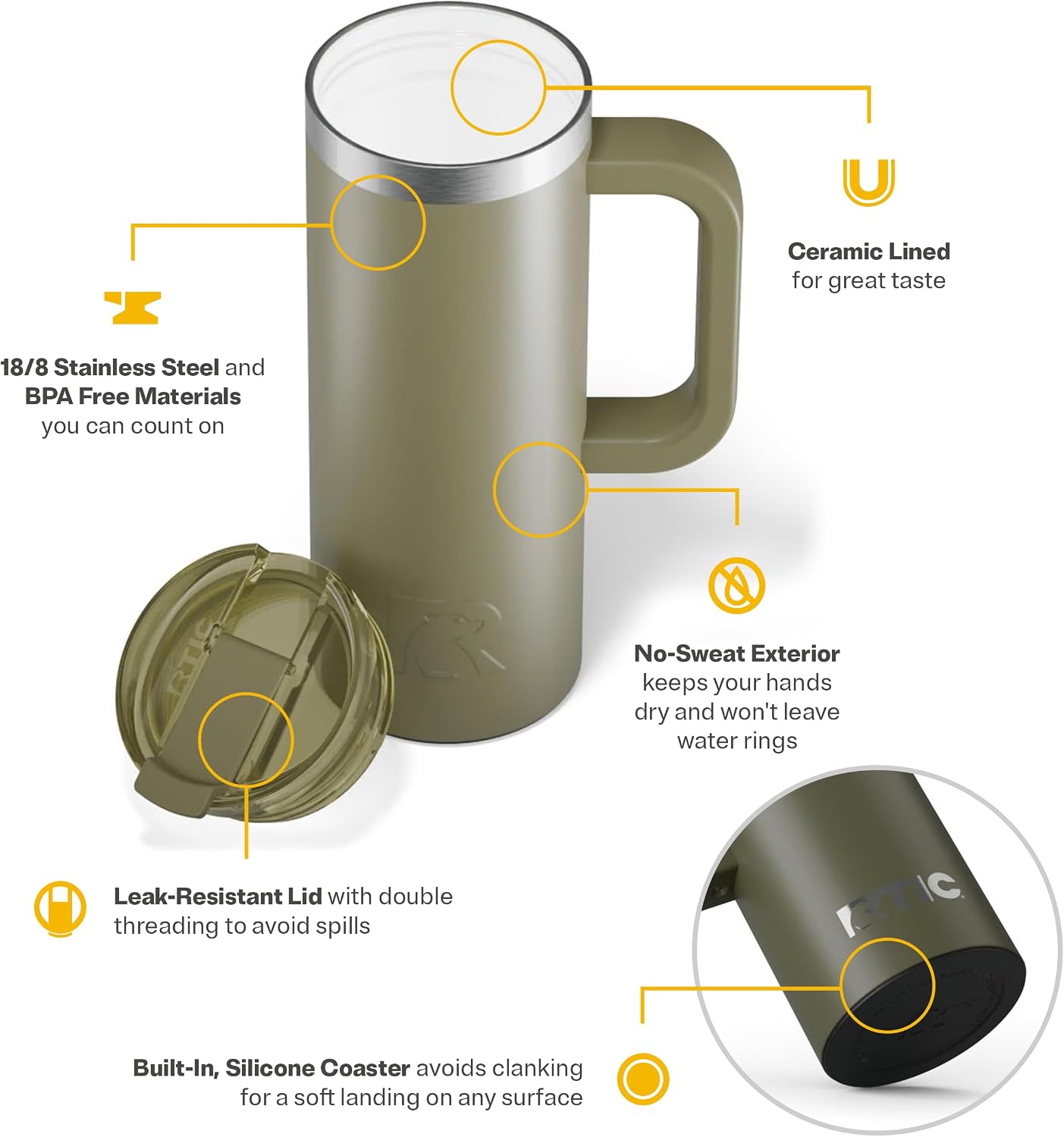 20oz Road Trip Travel Mug with Lid and Handle, Ceramic Lined, Insulated, Stainless Steel, Metal, Double Wall