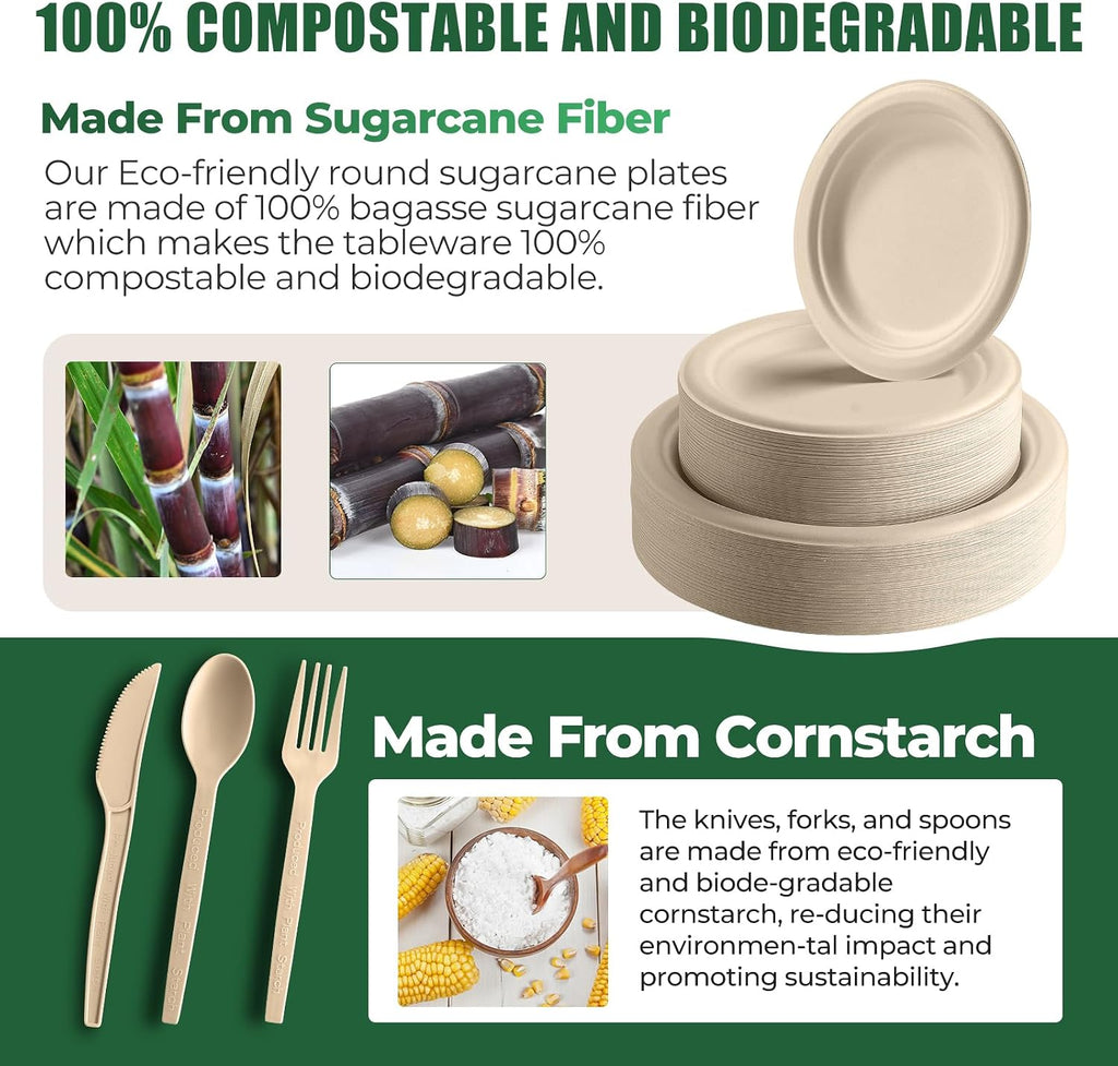 250 Piece Biodegradable Paper Plates Set Disposable Dinnerware Set, Eco Friendly Compostable (EXTRA LONG UTENSILS)