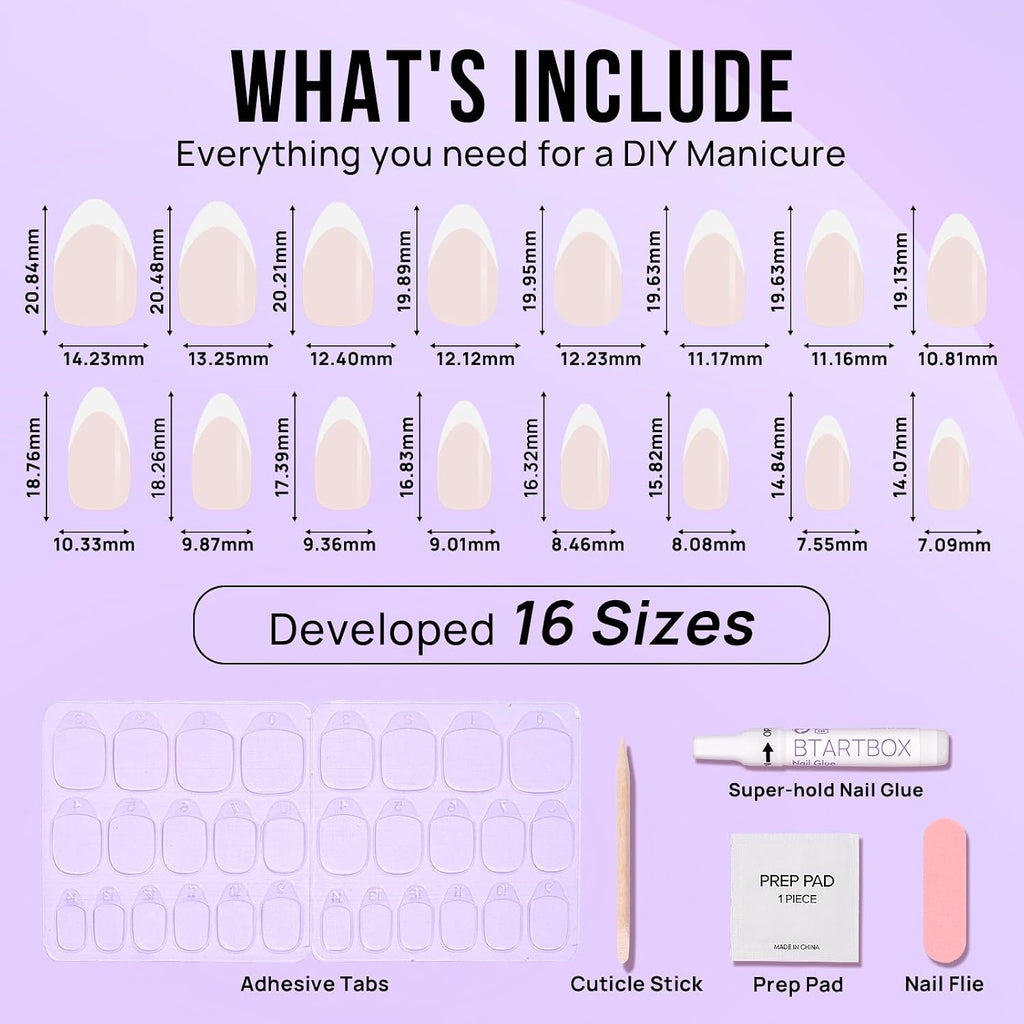 Press On Nails, Short Almond French Tip Nails, 32 Pcs Full Kit