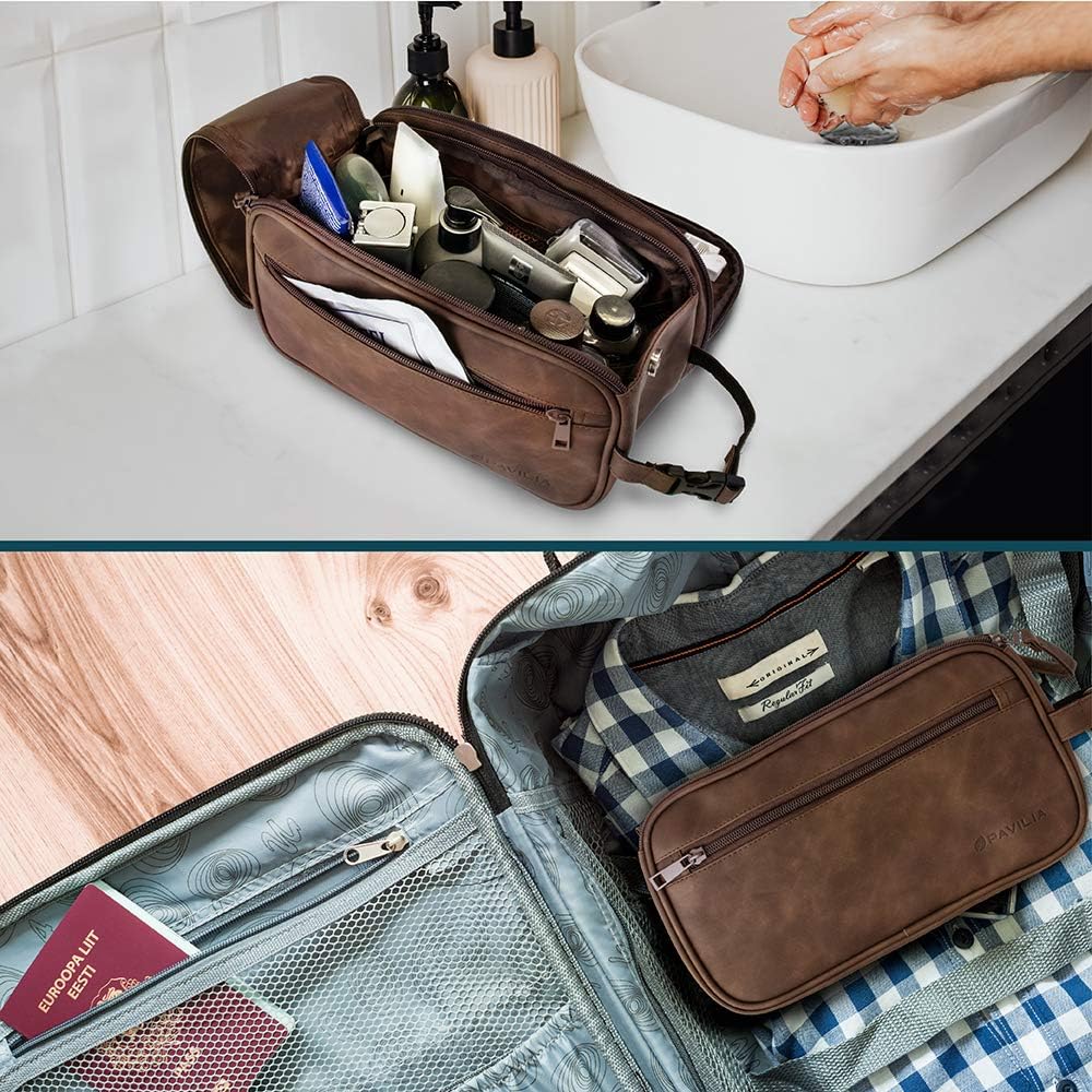 Toiletry Bag for Men, Travel Essentials Shaving Dopp Kit, Mens Travel Bag Toiletries Organizer Case for Grooming, PU