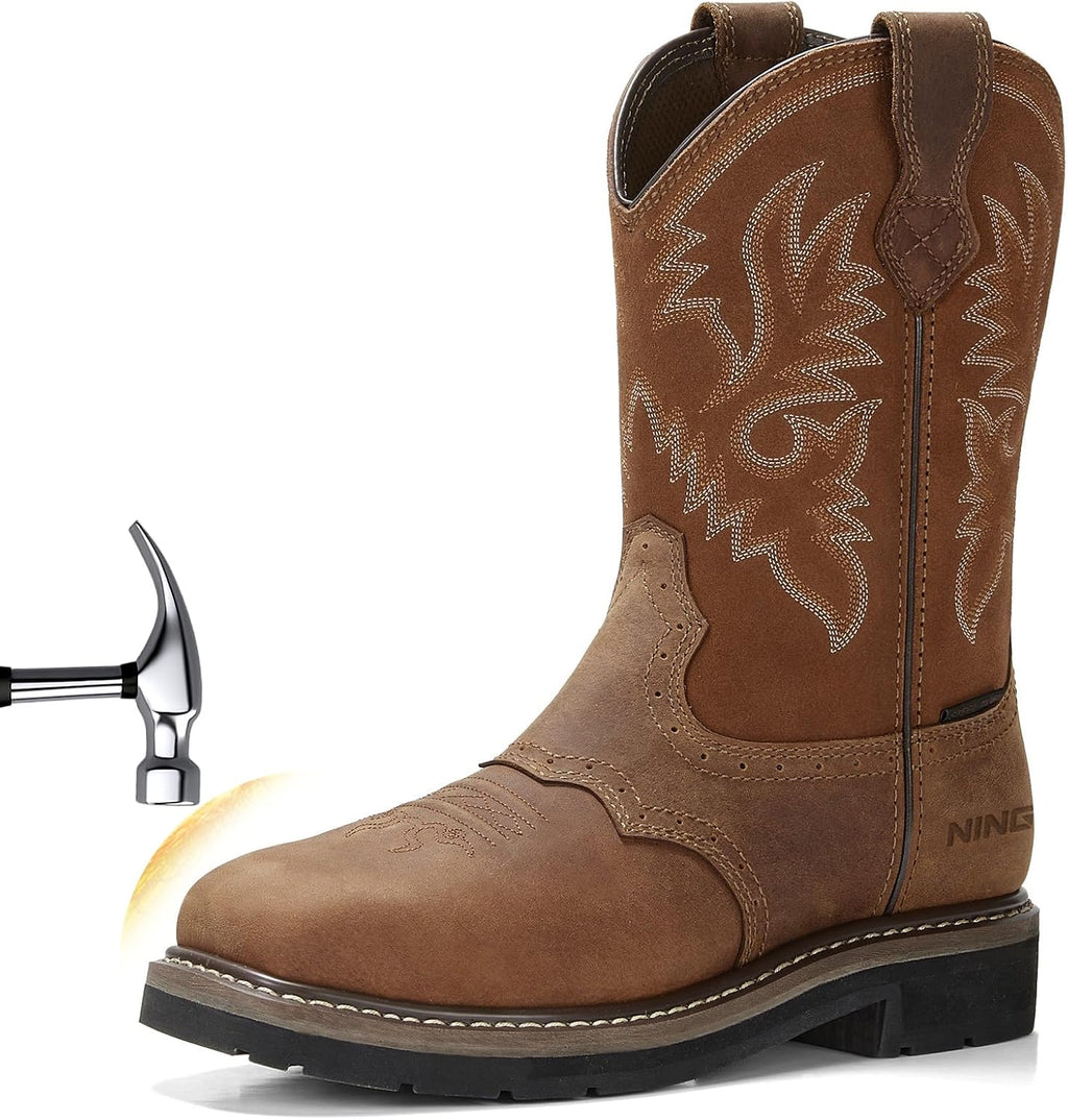 NINGO Steel Toe Work Boots for Men Square Toe Cowboy Boots Soft Toe | Full-Grain Leather Western Boots, Water & Slip