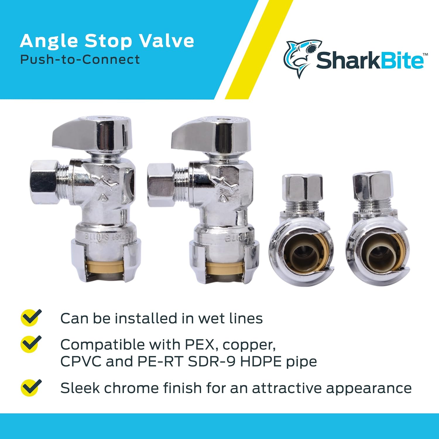 1/2 x 3/8 Inch Compression Angle Stop Valve, Pack of 4, Quarter Turn, Push to Connect Brass Plumbing Fitting, PEX