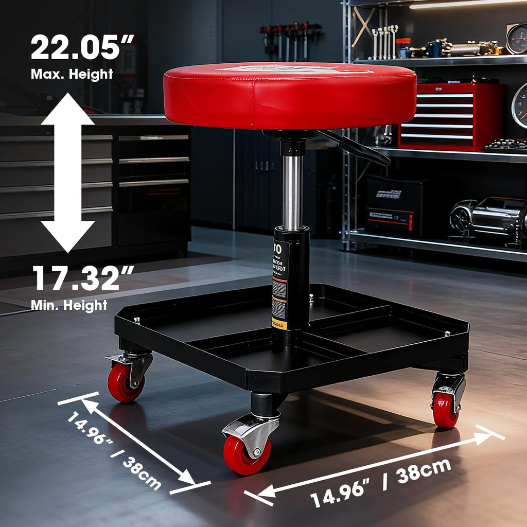 TR6350 Torin Rolling Pneumatic Creeper Garage/Shop Seat: Padded Adjustable Mechanic Stool with Tool Tray Storage, Red