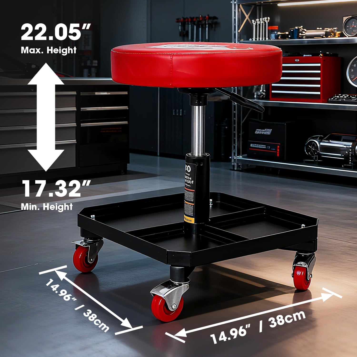 TR6350 Torin Rolling Pneumatic Creeper Garage/Shop Seat: Padded Adjustable Mechanic Stool with Tool Tray Storage, Red