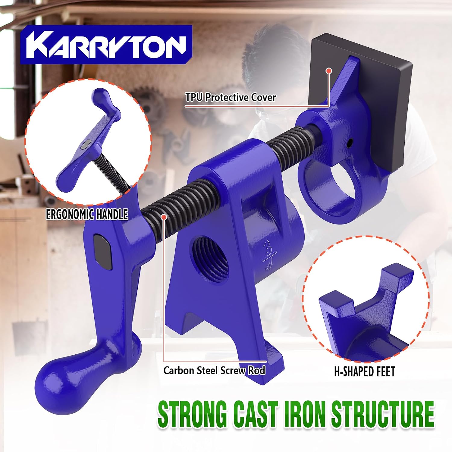 3/4 Inch Heavy Duty Pipe Clamps for Woodworking, H-Style Wood Gluing Clamps w/Foot Pads, Adjustable Pipe Clamp Tool