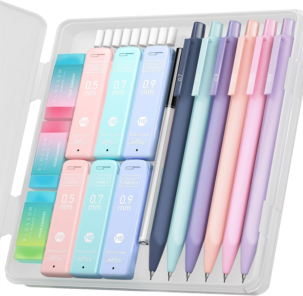 Cute Mechanical Pencil Set, 6-Pack with Case | 0.5/0.7/0.9mm with 360 Leads, 3 Erasers, 9 Eraser Refills, Back to