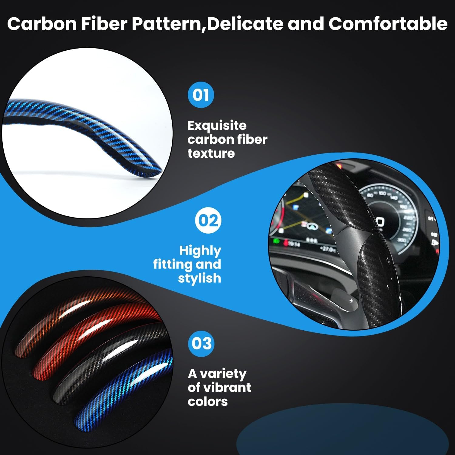 Carbon Fiber Steering Wheel Cover 3PCS Set – Anti-Slip, Scratch-Resistant, Universal Fit for 14–16 Inch Wheels –